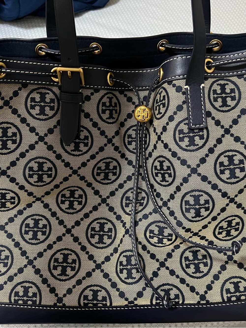 Tory Burch Black and Natural Logo Jacquard Drawstring Tote